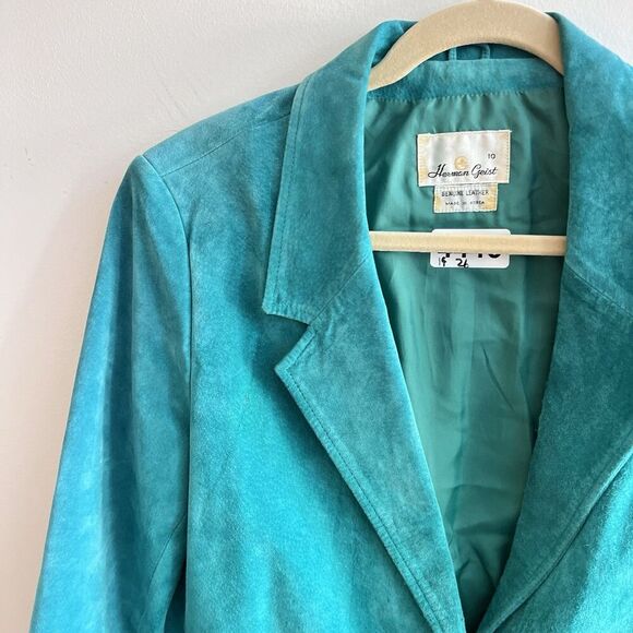 Vtg Herman Geist Suede Teal Blazer 2 Button Front Womens 10 Leather Lined EUC - Picture 5 of 10